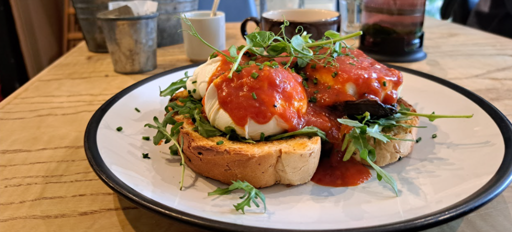 poached eggs and mushrooms on toast served at howst, one of the best eateries near stations