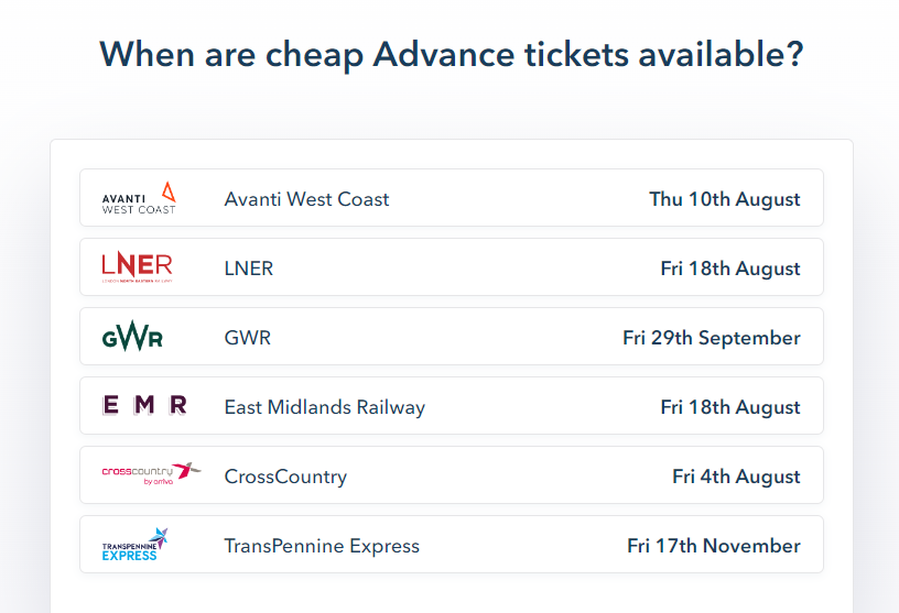 SmartSplit website showing when cheapest train tickets are available