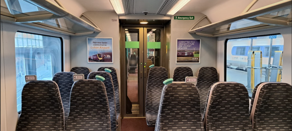 interior of a class 360 train showing 3+2 seating
