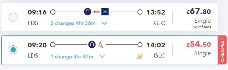 SmartSplit site showing the cheapest option for travelling from leeds to glasgow