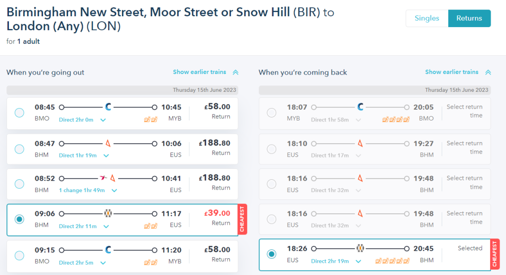 journey planning results page on SmartSplit website