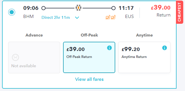 booking trains on SmartSplit: the main fares available on the 0906 train from birmingham to london