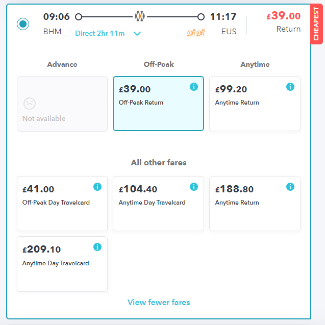 booking trains on SmartSplit: all fares available on the 0906 train from birmingham to london