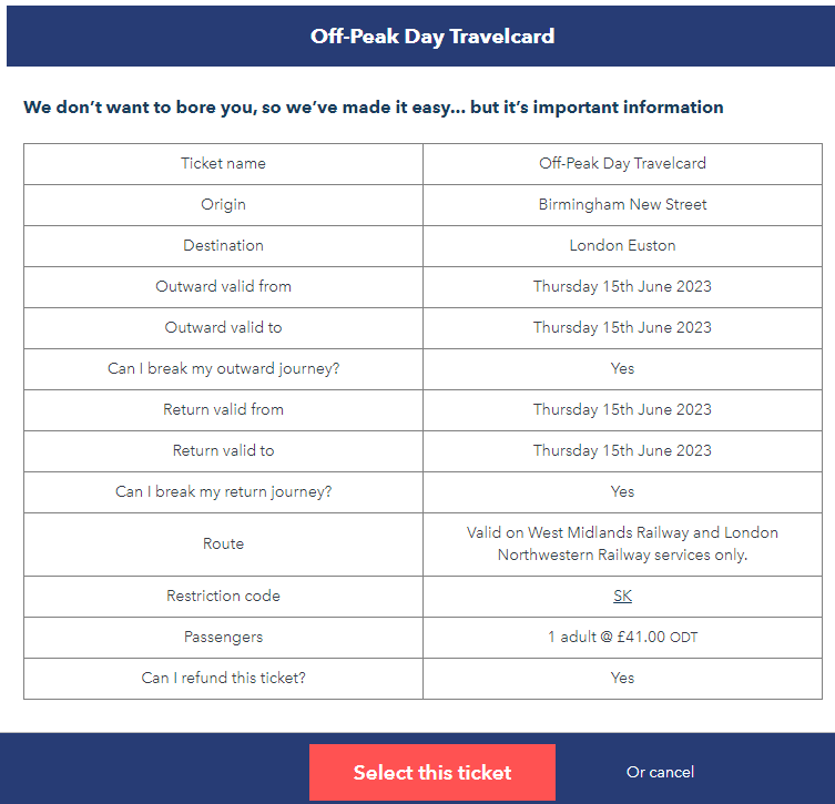 booking trains on SmartSplit: information about a day travelcard from birmingham to london
