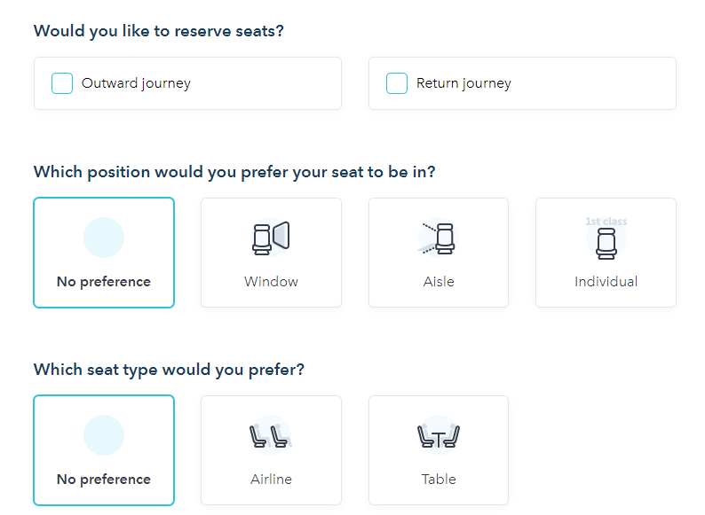 booking trains on SmartSplit: selecting a seat preference