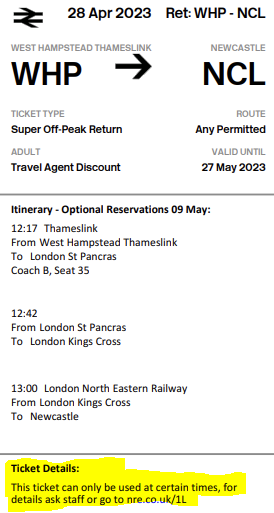 train ticket showing where to find the restriction code