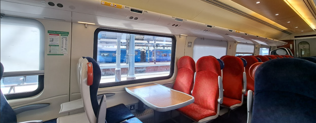 a table train seat type on a crosscountry train