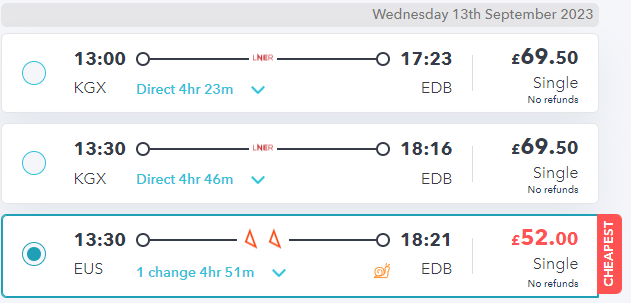 options for travelling from london to edinburgh with SmartSplit