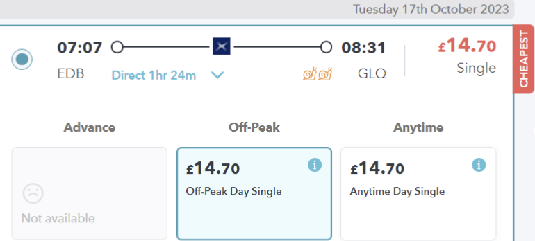 scotrail off-peak fares on SmartSplit site. screenshot shows that anytime fare has been reduced to the same price as off-peak.