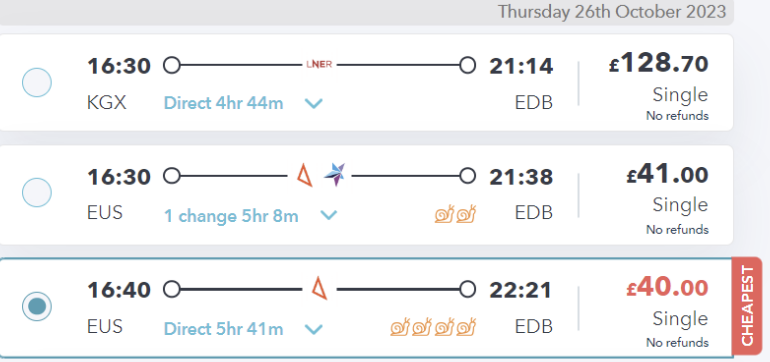 peak london to edinburgh train fares on SmartSplit site