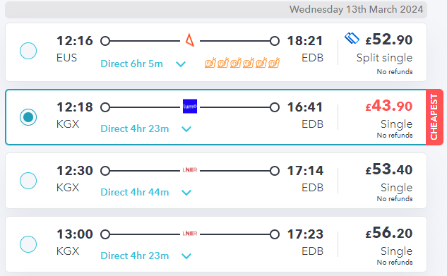 london to edinburgh train prices on SmartSplit site during off-peak