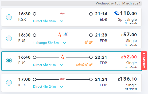 london to edinburgh train prices on SmartSplit during evening peak