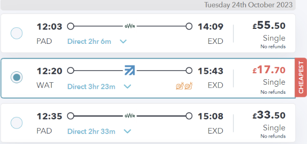 london to exeter train fares on SmartSplit site