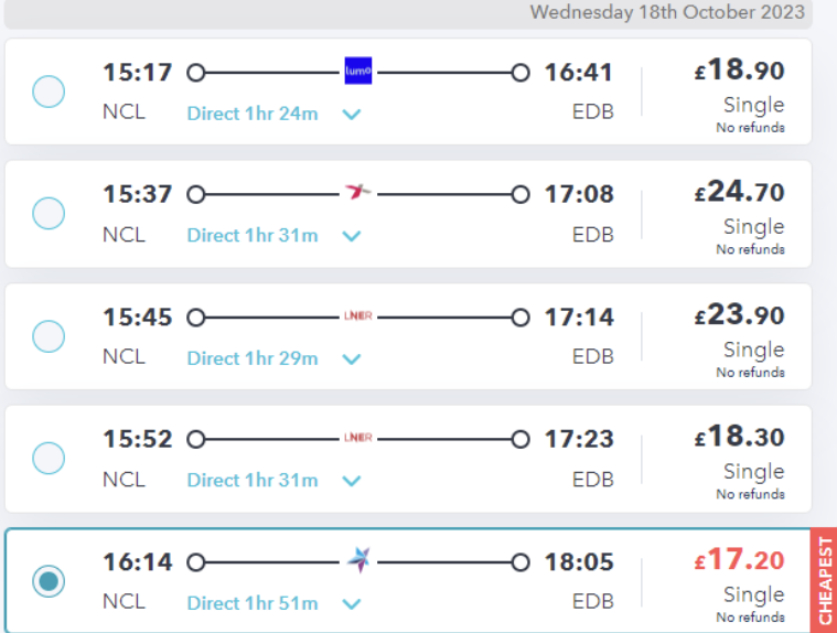 newcastle to edinburgh train fares on SmartSplit