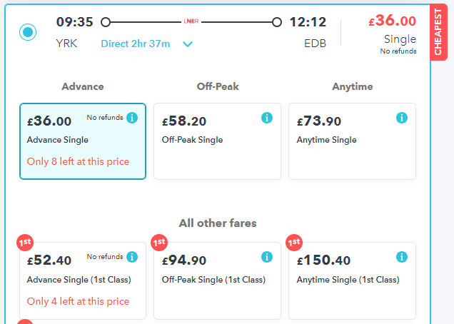lner train price between york and edinburgh on SmartSplit, showing a cheap first class fare