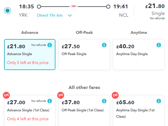 cheap first class train tickets on lner between york and newcastle on SmartSplit