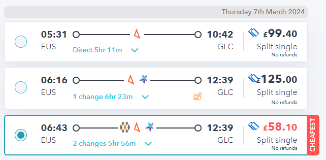 london to glasgow train tickets in the morning peak on SmartSplit site
