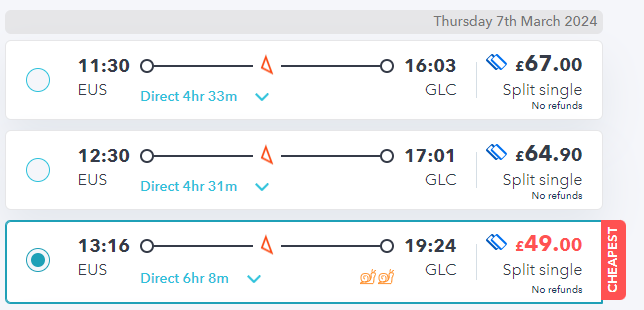 london to glasgow off-peak train fares on SmartSplit site