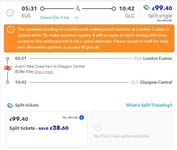 split ticket saving on london to glasgow train journey on SmartSplit site