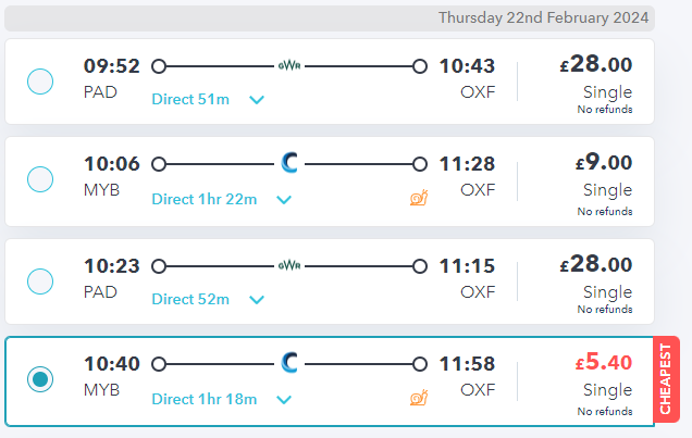 SmartSplit website showing london to oxford train price