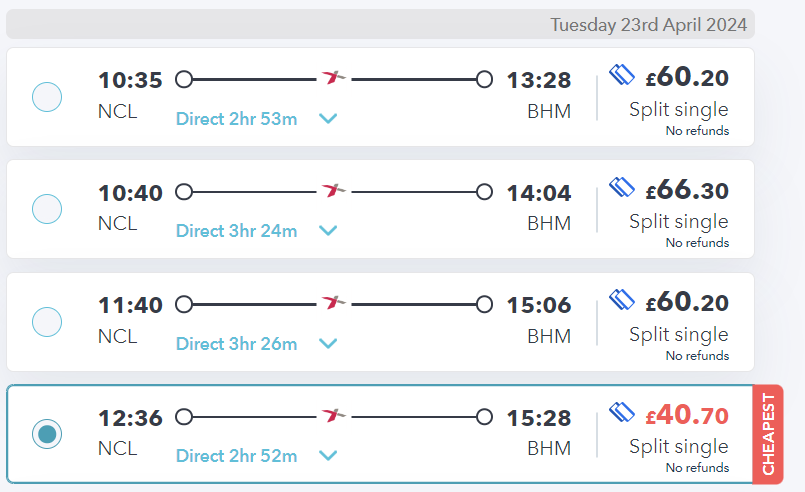 newcastle to birmingham train fares two months in advance on SmartSplit