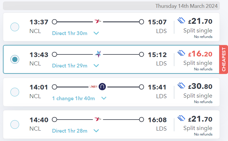 newcastle to leeds train fares on SmartSplit