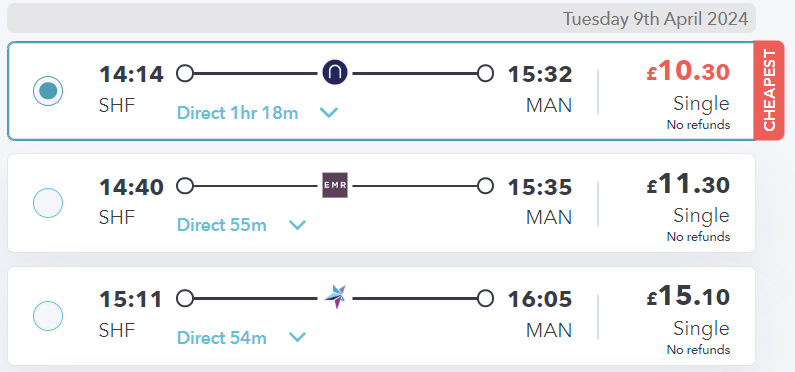 sheffield to manchester train fares on SmartSplit site two hours in advance