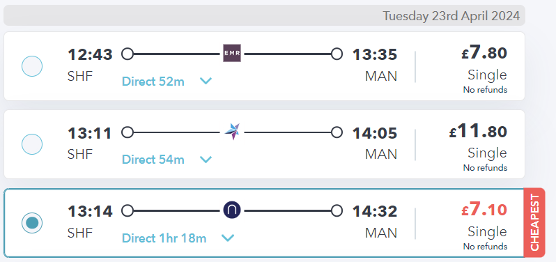 sheffield to manchester train fares on SmartSplit site two weeks in advance