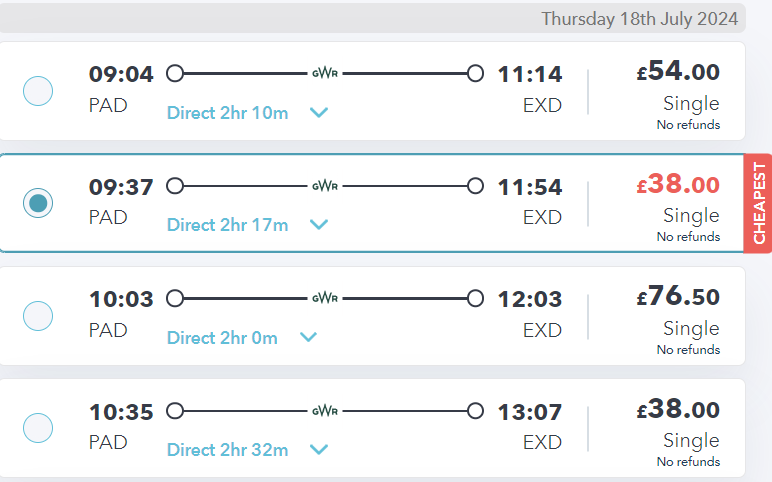 Trains from Paddington to Exeter on SmartSplit site